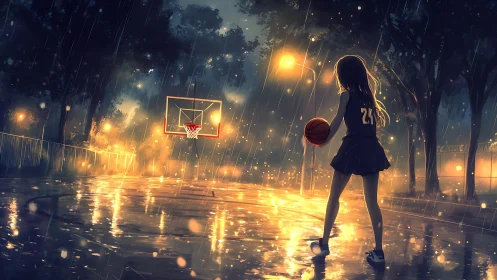 Anime night basketball court under rainlit cinematic backlighting.