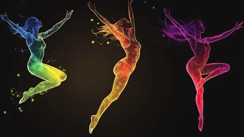 Three Vibrant Dancers in Motion, Neon Silhouette Art Style.