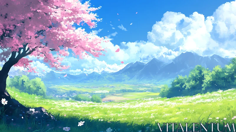 Cherry blossom tree above bright spring valley landscape.