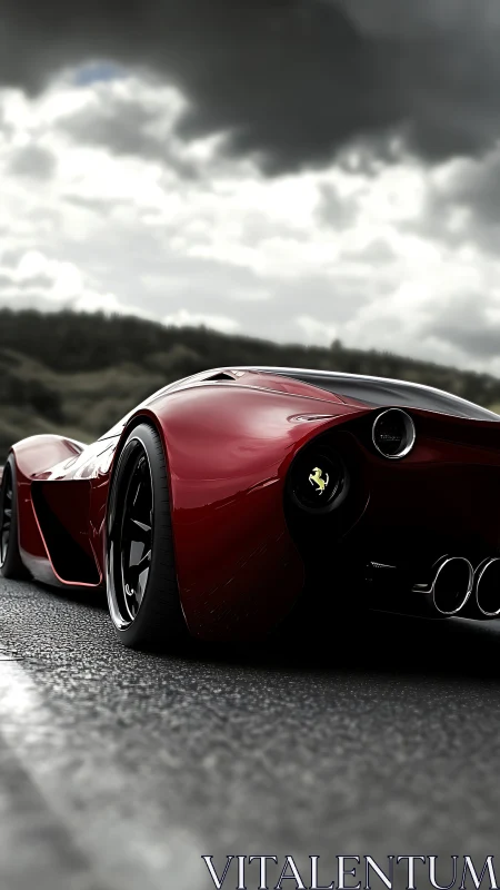 Low-angle view shows red sports car on wet road surface