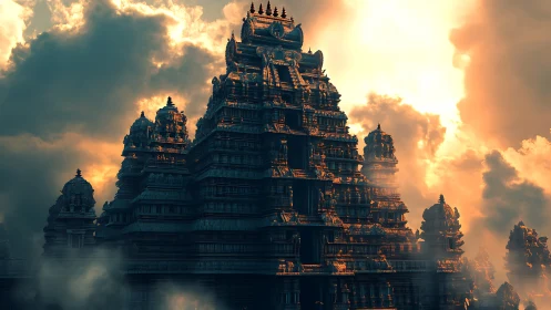 Ancient stone temple rises through stormlit golden clouds