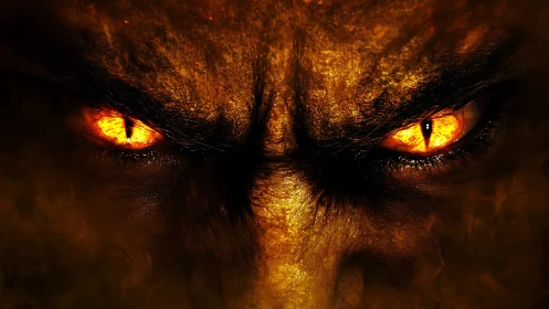 Infernal gaze ignites molten eyes in shadowed fury.