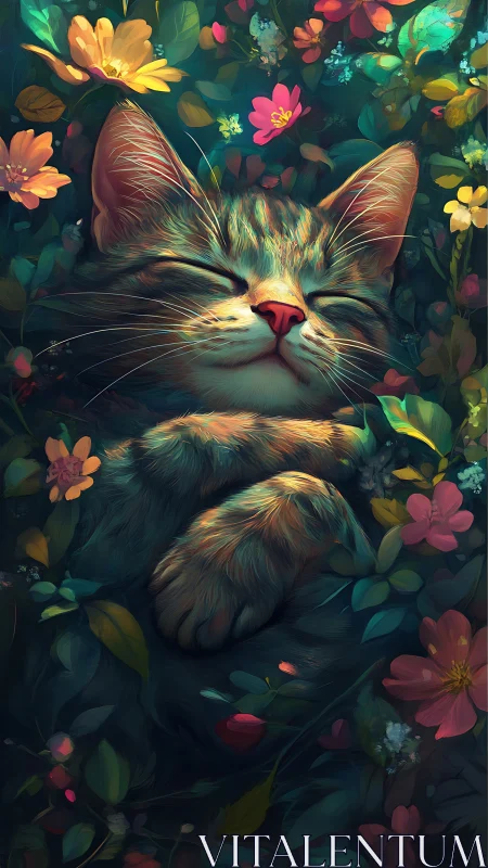 Sleeping Cat Surrounded by Luminous Florals in Digital Paint