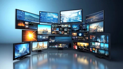 Curved wall of digital displays with cinematic cityscapes.