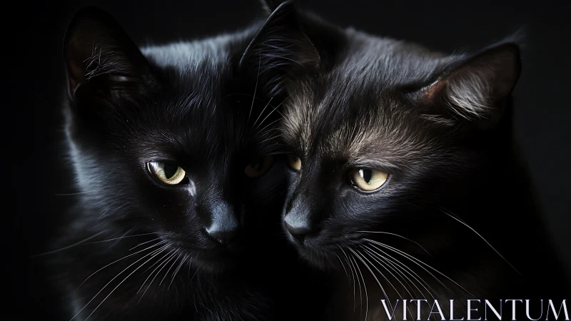 Feline Portrait Study: Dual Black Cats with Aureate Eyes Against Dark.