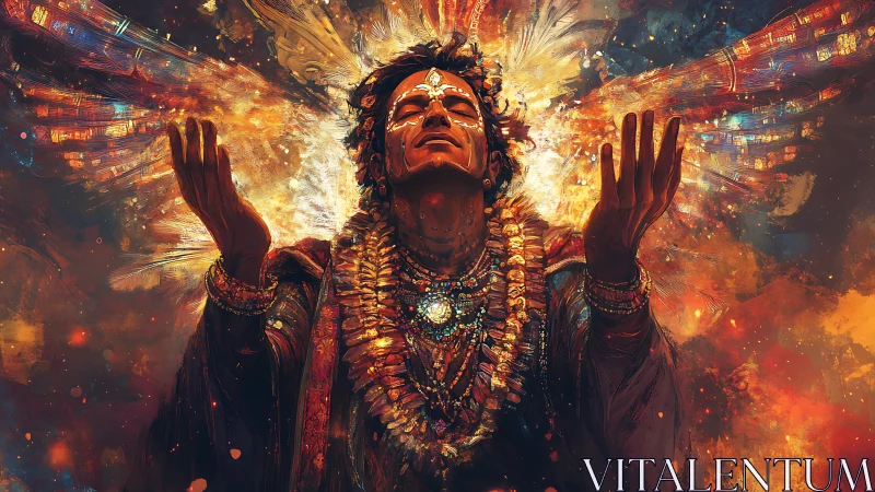 Radiant shamanic figure channeling energy through luminous wings