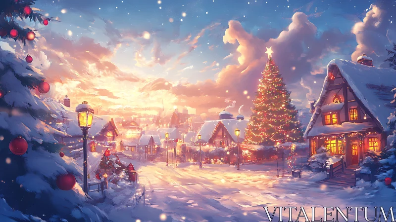Snowy village square with glowing Christmas tree at dusk.