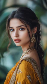 Portrait shows woman in mustard sari with ornate jewelry