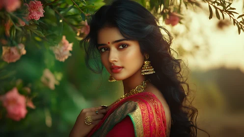 Elegant Indian woman in traditional attire, vibrant portrait style.