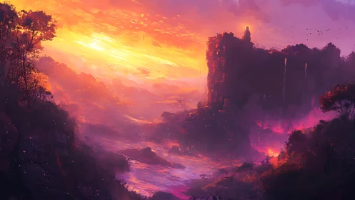 Radiant fantasy coastline renders fortress silhouette in flame