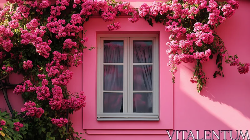 Vibrant Pink Cottage Framed by Blooming Flowers.