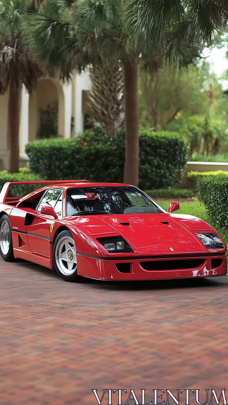 Classic red supercar gleams on a palm-lined estate drive