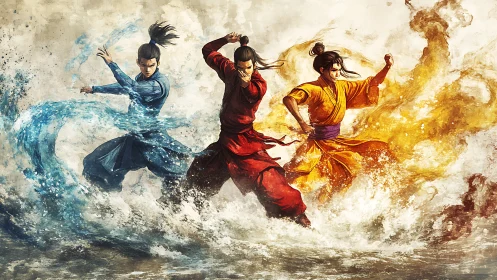 Elemental martial artists commanding water, fire, and earth.