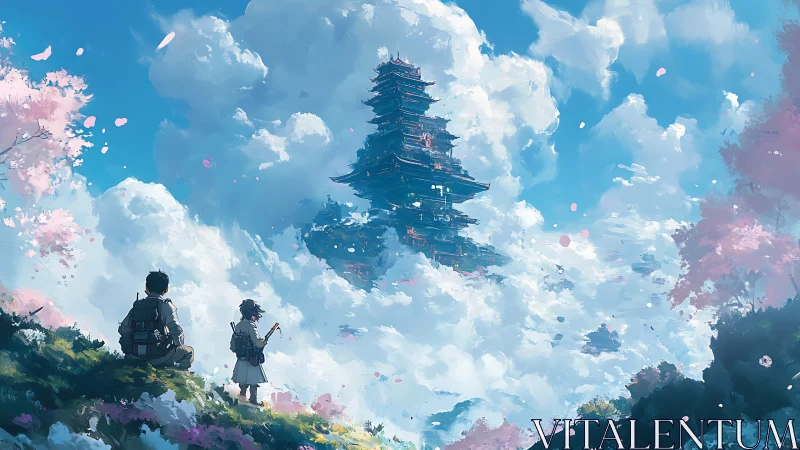 Skybound pagoda drifts above cherry clouds and young dreamers.