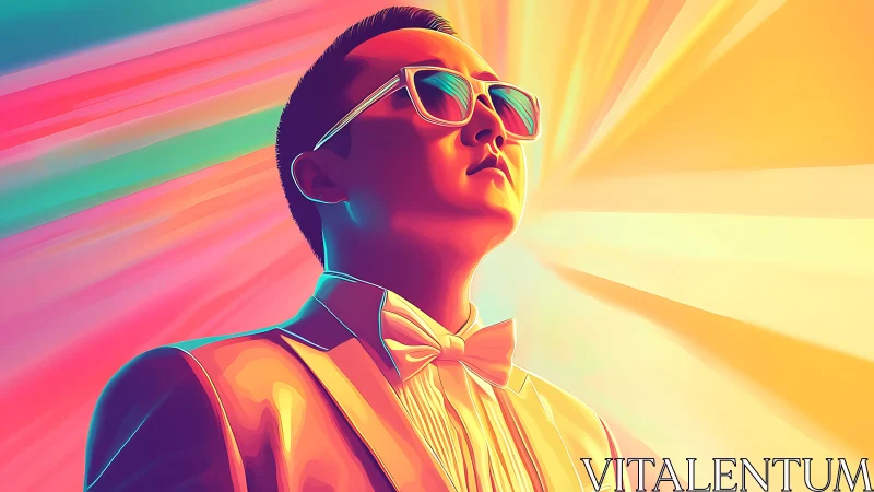 Neon gradient portrait of confident man in stylized tuxedo.