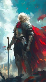 Armored knight stands with sword above ruined fantasy city