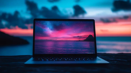 Laptop screen mirrors vivid sunset seascape horizon perfectly