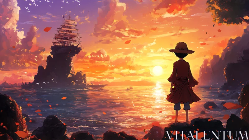 Straw-hatted figure observing sailing ship at sunset seascape.