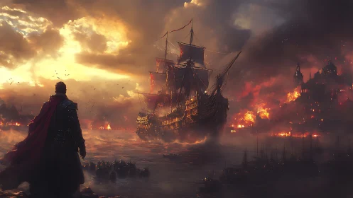 Warship approaches burning coastal city at sunset.