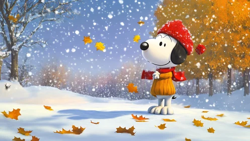 Cartoon dog in knitwear observes snowfall amid autumn trees