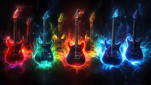 Neon sorcery lines up seven electric guitars in glowing fire