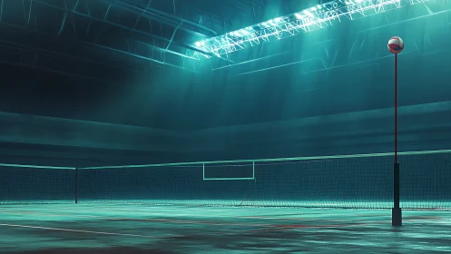 Empty indoor volleyball court rendered in teal cinematic light