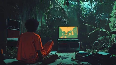 Solitary viewer studies retro screen glow in dense jungle