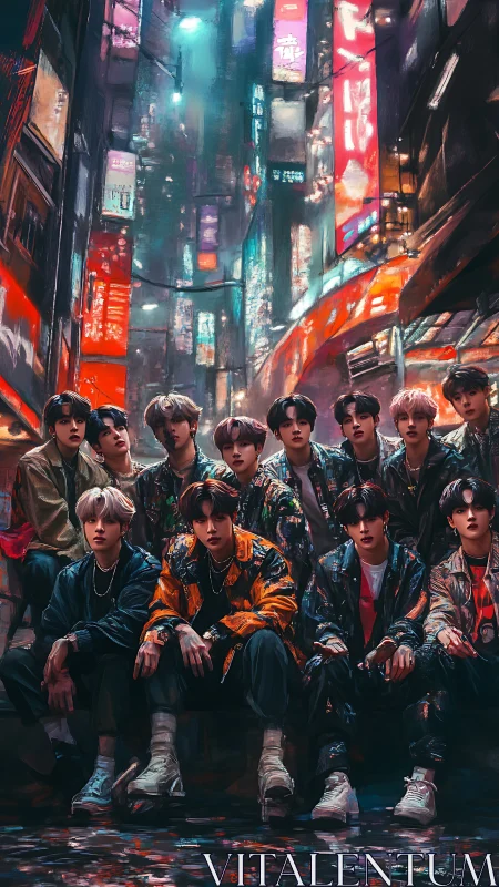 Group of youths sits in illuminated urban alley at night