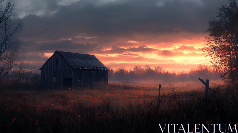 Barn stands in misty field under intense orange sunset sky