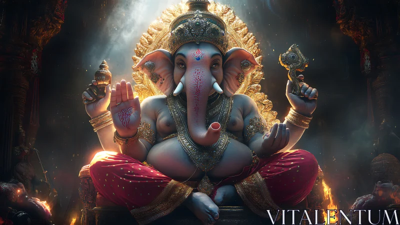 Digital painting of ornate Ganesha idol with radiant backlight.