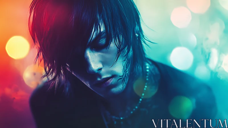 Neon twilight leans over a pensive face lost in color