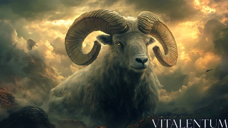 Colossal ram deity rendered in high-detail atmospheric fantasy lighting