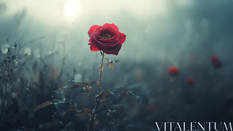 Crimson Bloom Emerges Through Mist.