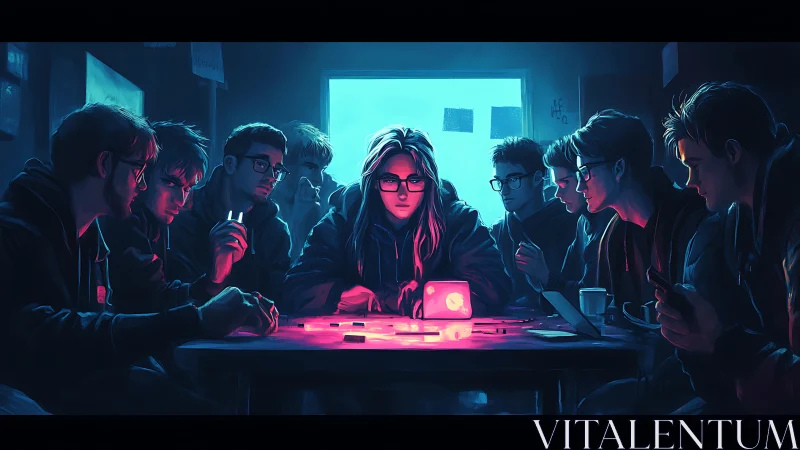 Hackers encircle neon cube in cinematic cyber-lit war room