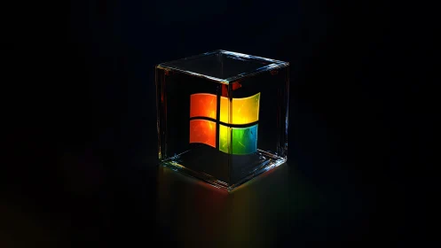 Windows Logo Encased in Glass Cube with Futuristic Digital Style.