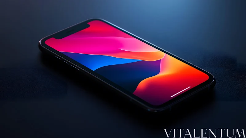 Modern smartphone with vibrant abstract wallpaper on dark surface.