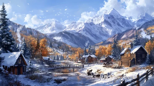 Snow-covered log cabins stand in a valley below mountain peaks