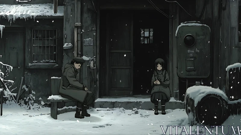 Snowbound alley doorway with two quiet anime figures.