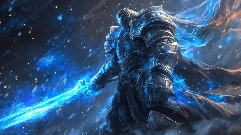 Frostlit knight strides through swirling cosmic stormscape.