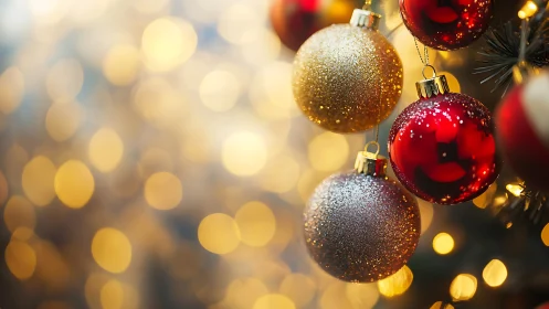 Golden bokeh frames shimmering red and gold ornaments.