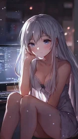 Silver haired anime girl seated by computer monitor at night.