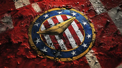 Weathered patriotic emblem with gold wing centerpiece.