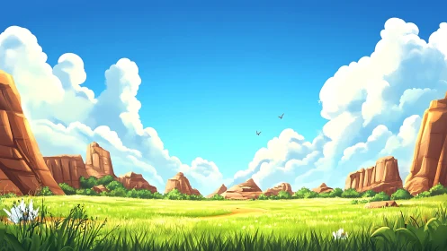 Sunlit canyon meadow under playful clouds and wide sky.