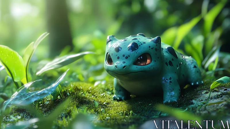 Bulbasaur creature crouches on mossy forest floor
