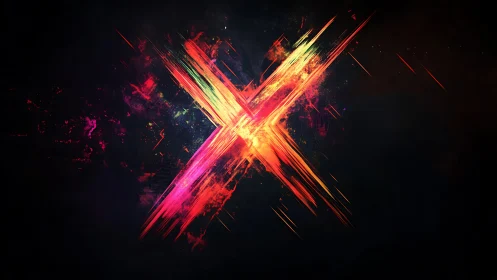 Neon colored X shape forms energetic digital light burst