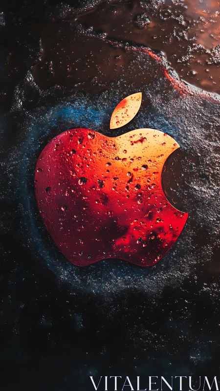 Glowing red apple logo shining through cool dark water.