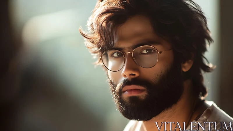 Bearded man in glasses under warm cinematic side light.