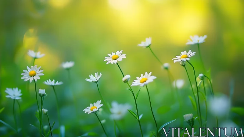 White Daisies in Soft Golden Light Among Green Meadow.