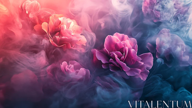 Dreamlike pink peonies drift through swirling pastel mist.