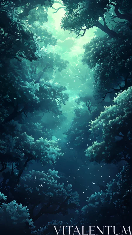 Ethereal Forest Canopy with Luminous Sky Opening.